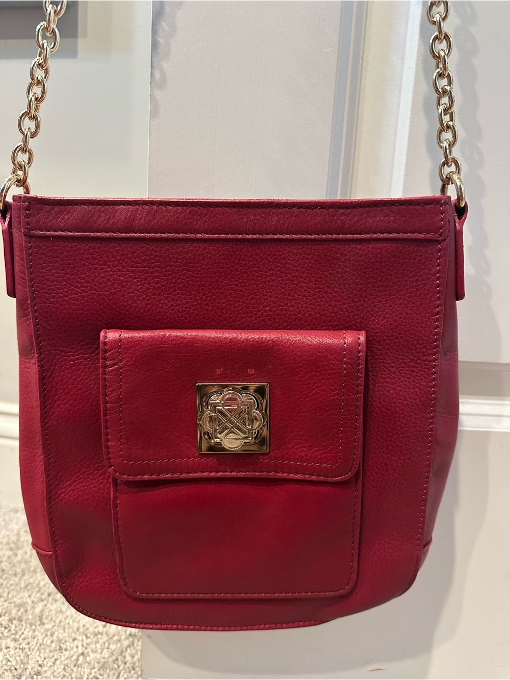 Women’s Red Leather Crossbody Bag with Gold Chain Strap